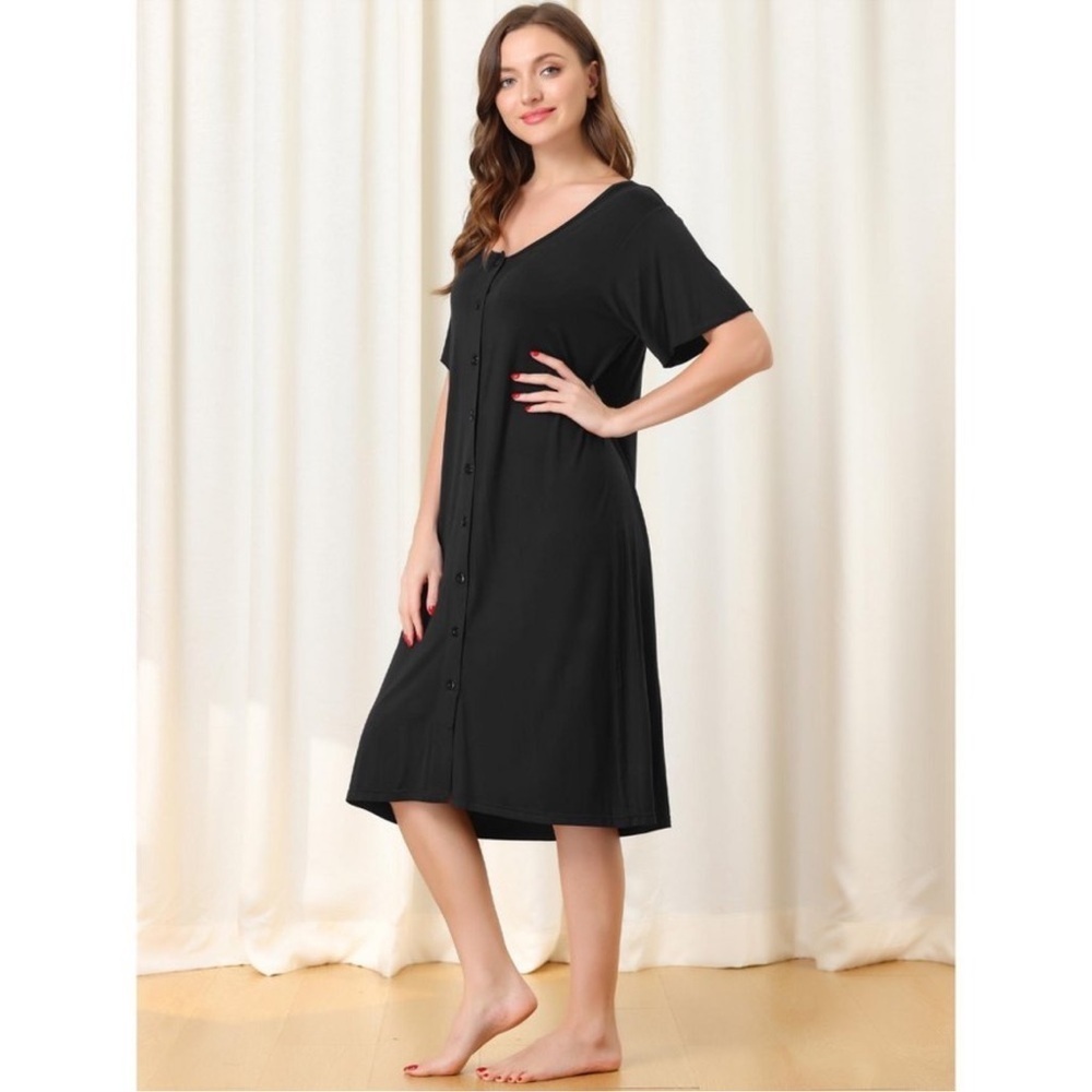 NWT cheibear Women's Short Sleeve Button Down Midi Pajama Dress Black Size Small